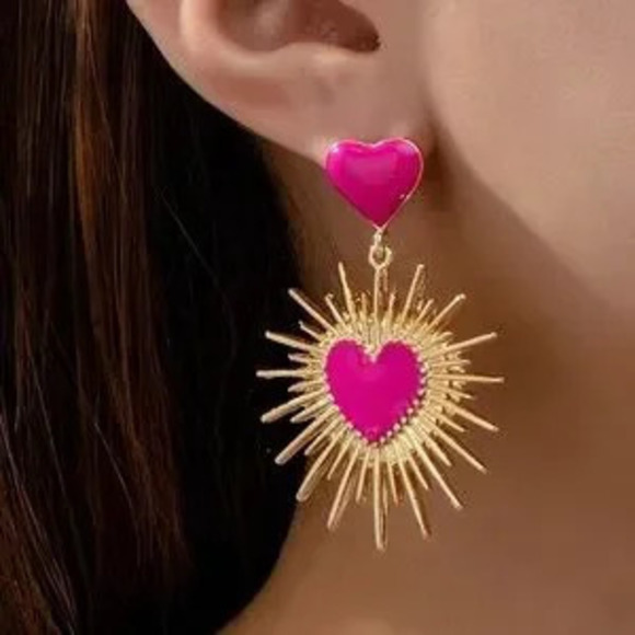 Jewelry - Gold Tone Hot Pink Heart Statement Earrings